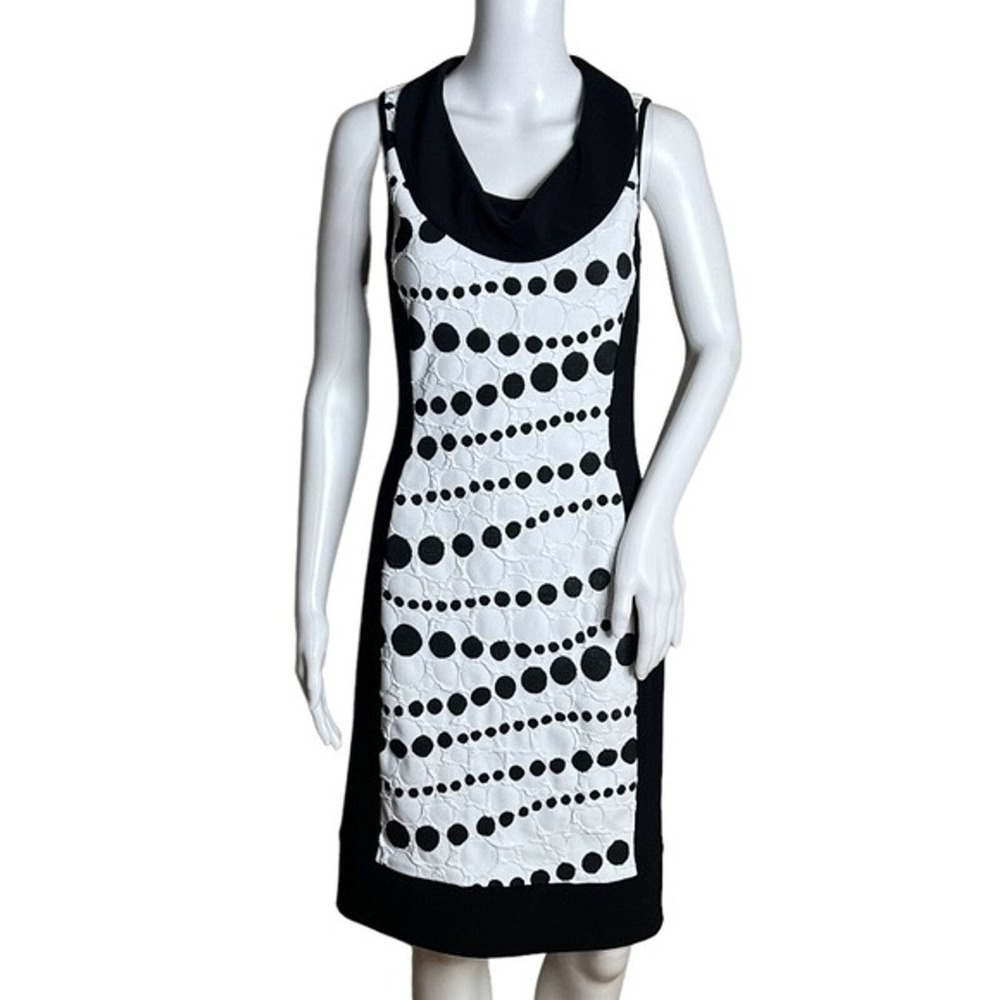 Joseph Ribkoff Dress Size 8 Polka Dot Colorblock Chic Cowl Neck Dress Monochrome
